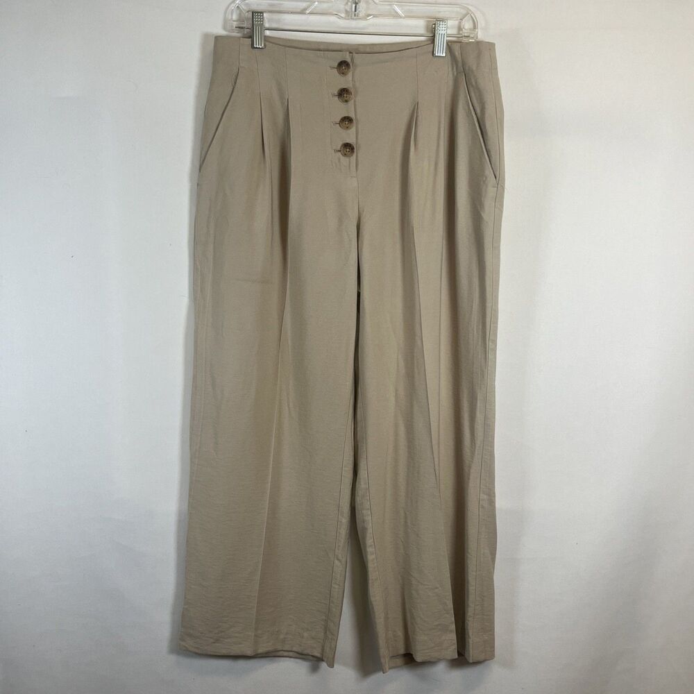 LOFT Women's Size 8 High Waisted Wide Leg Trousers Beige Flowy Button Fly Pants